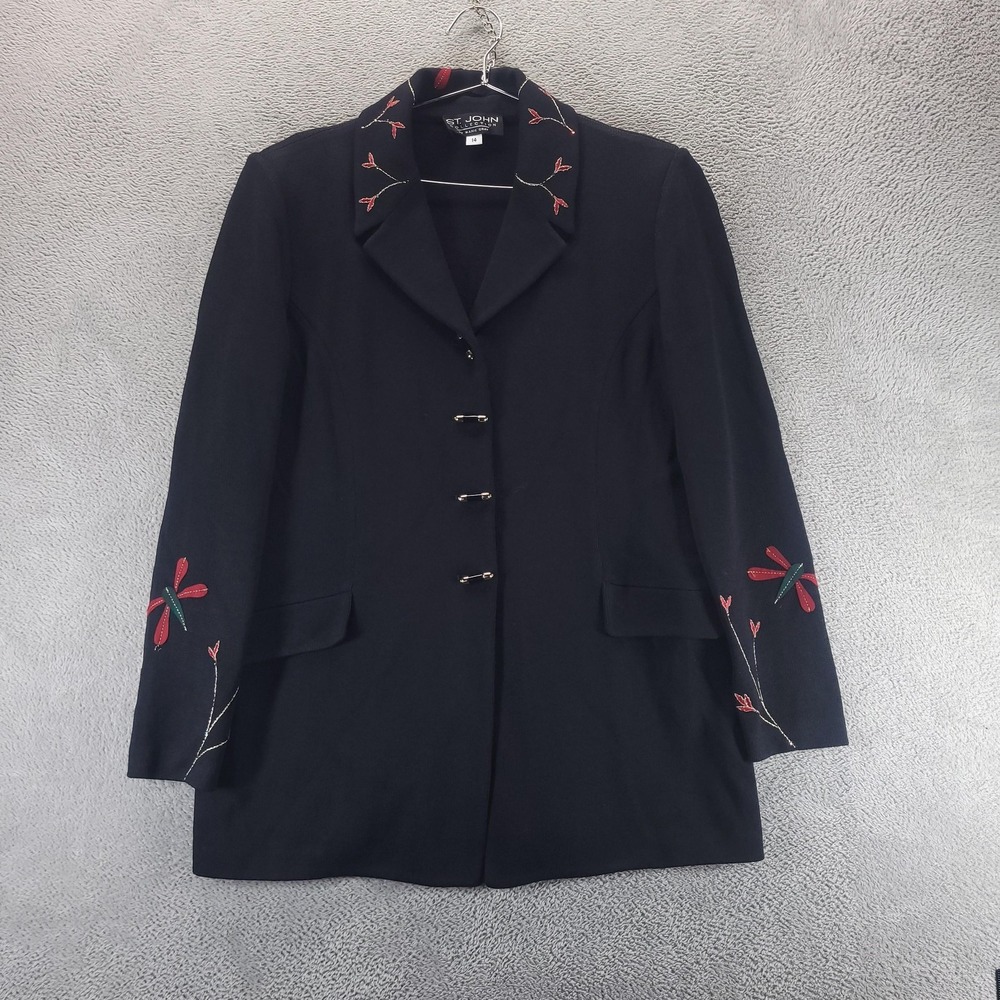 VTG St John Collection Blazer Womens 14 Black Floral Embroidered USA Knit